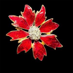 Vintage Gold Tone Red Floral Clear Crystal Enamel Brooch Pin